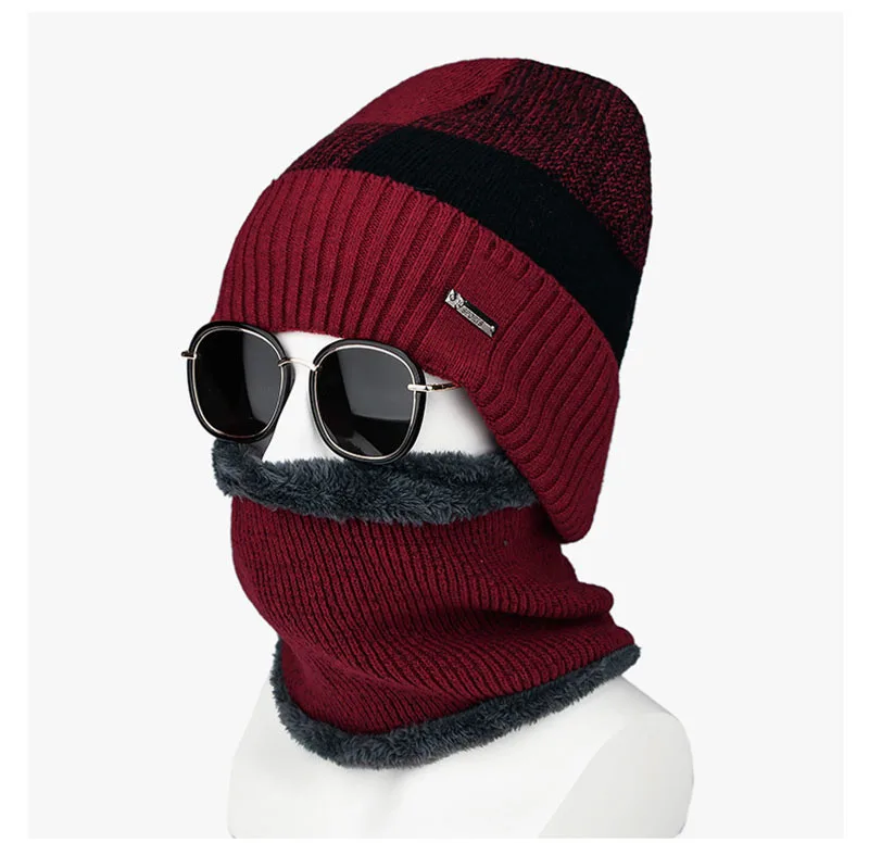 

2Piece Winter Fahion Acrylic Plus Velvet Cold Protection Knitted Hat Skullies&Beanies With Collar Scarves Men's Winter Knit Hat