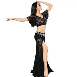 2018 женский костюм для танца живота, костюм для танца живота, Женская кружевная юбка для танца живота и топ, комплект из 2 предметов, одежда