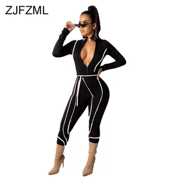 

Deep V Neck Striped Plus Size Jumpsuit Women Long Sleeve Sashes Bodycon Playsuit 2019 Fall Black High Waist Bandage Overalls