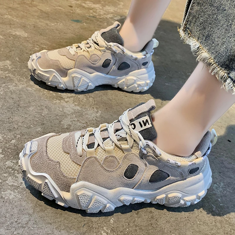 

Chunky Sneakers Patchwork Mesh Upper Quick Lacing System Ladies High Platform 5CM Hidden Increasing Retro Wedges Shoes for Women