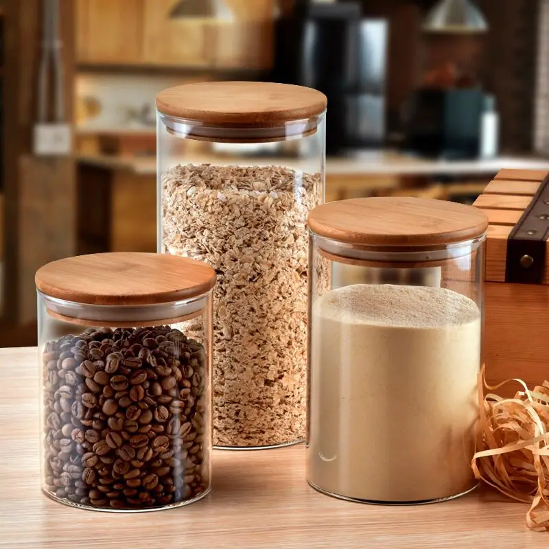 1X Storage Tank Food Container Bamboo Covered High Borosilicate Food Sealed Glass Tank Kitchen Miscellaneous Grain Organizer 6