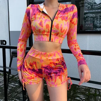 

hirigin Women Tie Dye Outfit 2Pcs Set Long Sleeve Zipper Hoodies Top+High Waist Shorts Drawstring Bandage Slim Bodycon Tracksuit