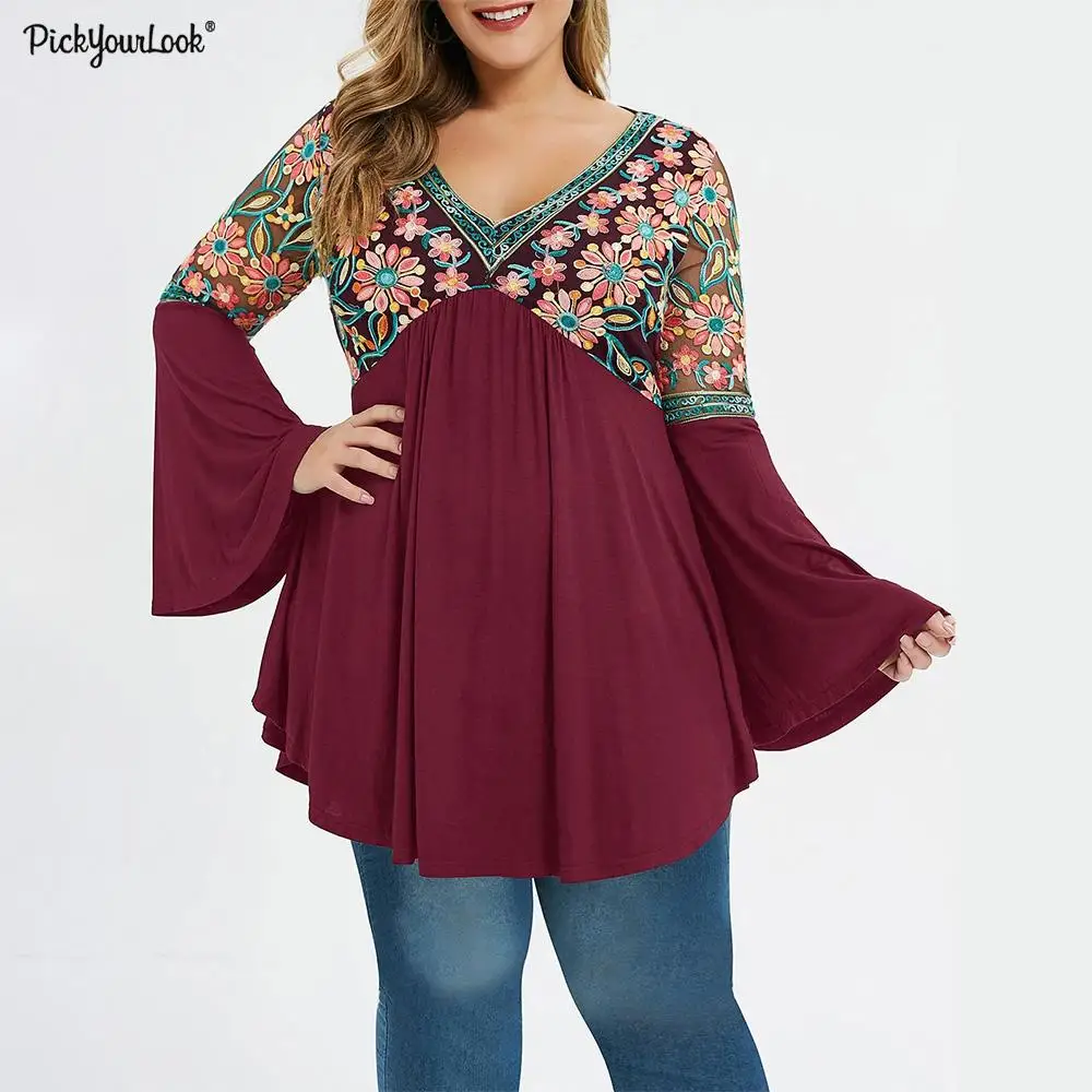 

Plus Size Women Bell Sleeve T-Shirt Loose Casual Tulle Stitching Embroidered Top Spring Wild Long sleeve V-neck Pullover D30