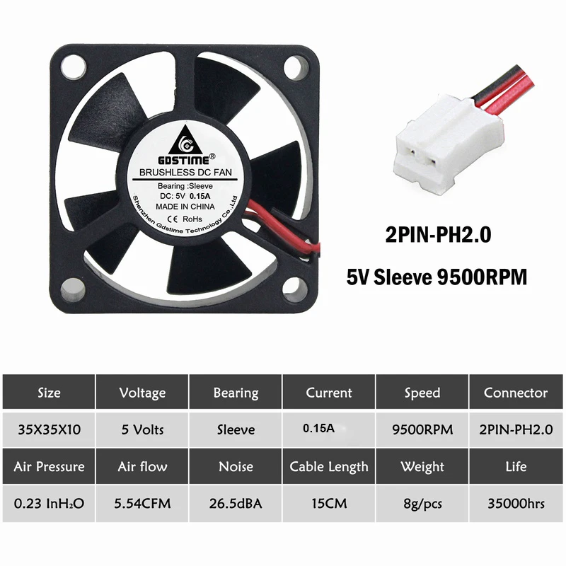 1PCS/Lot Gdstime 35x35x10mm 3510S 35mm 5V 2Pin Small Ventilation PC Computer DC Cooling Fans