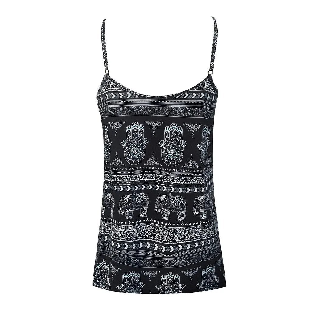 Винтажная Жилетка Топы Boho Пляжная футболка летние женские сексуальные без рукавов VogueV шеи свободные без рукавов пуговицы печати майка блузка