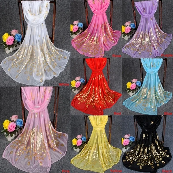 New Fashion High quality Girl Long Silk Scarves Soft Gold Peacock Chiffon Wrap Shawl Pashmina Scarves 3