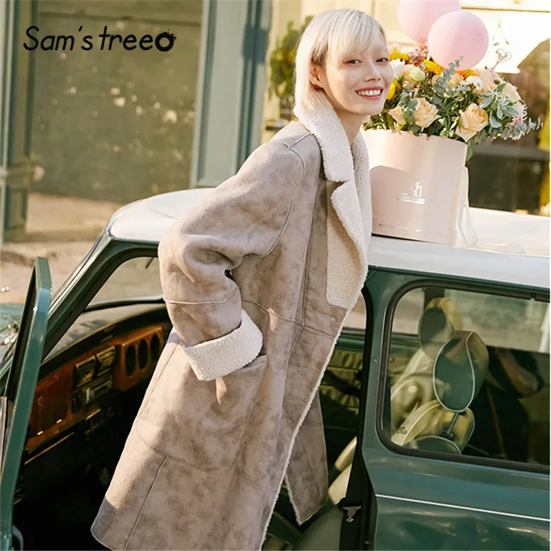 SAM'S TREE/серое однотонное замшевое пальто Pacthwork Teddy Lazy для женщин зимняя двубортная плюшевая женская теплая верхняя одежда