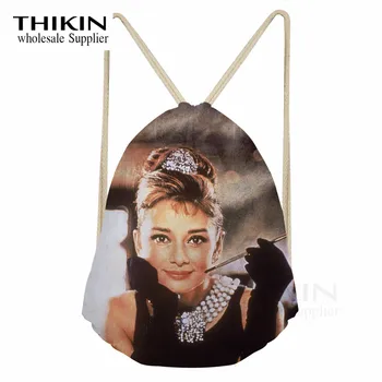 

THIKIN Audrey Hepburn Print Polyester Beam Pocket Drawstring Bag Modern Woman Girl Shoulder Bag Portable Beach Backpack Mochila