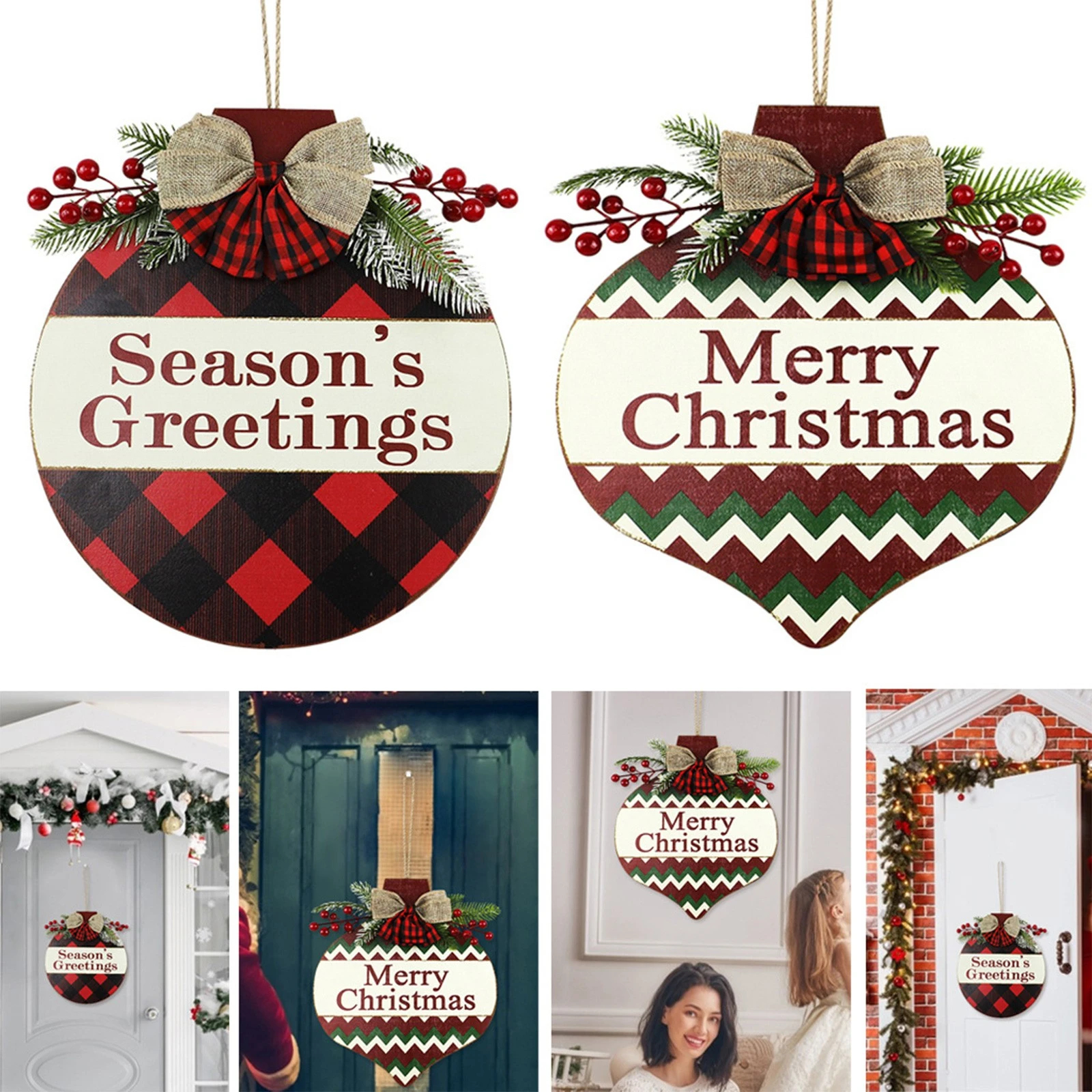 Hangar Christmas 2022 New Year 2022 Christmas Decoration Christmas Red Doorplate Red Bow  Doorplate Wooden Door Hanger Christmas Decorations For Home| | - Aliexpress