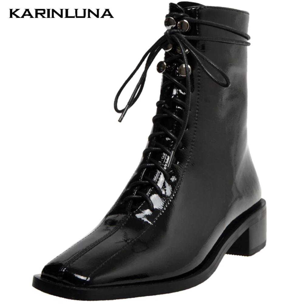 

Karinluna new arrivals Cow Leather 2019 big Size 40 Ankle Boots Women Shoes Woman Zip Up Chunky Heels Shoes Woman Boots