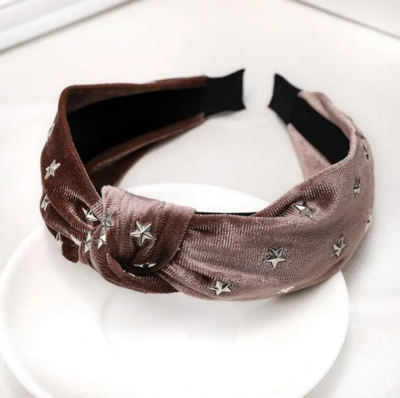 Новая мода фланелевая повязка на голову блестящая Звезда Hairband мягкий Средний обруч с бантиком Женская дикая Повседневная тюрбан Украшения для волос оптом - Цвет: brown hairband