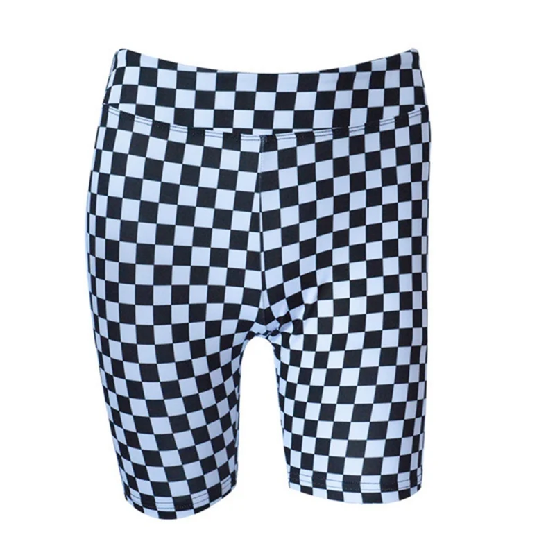 B Women's Shorts feminino Black And White Checkerboard Printed Tight Elastic Waist Shorts Sexy High Waist Sports Shorts