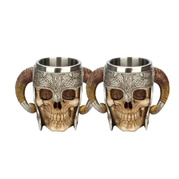 

2Pcs Coffee Mug With Horned Double Handle Design Stainless Steel Resin Medieval Skull Beer Cup for Home Decor Succulent Pot