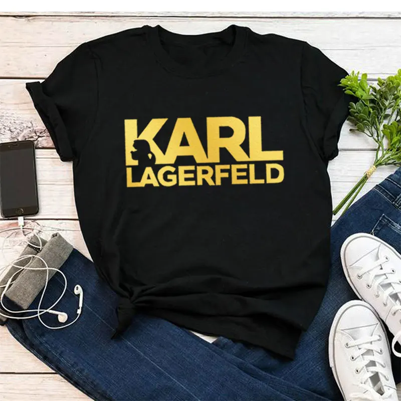 

karl lagerfeld gold Letters Print Women 100% Cotton tshirt Casual Funny short sleeve t-shirt For Lady Girl Top Tee Drop Shipping