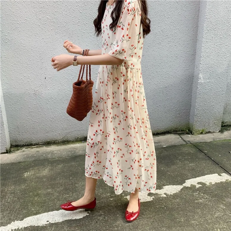 

2019 Summer Elegant Small Floral Chiffon Mid-length Short Sleeve Dress