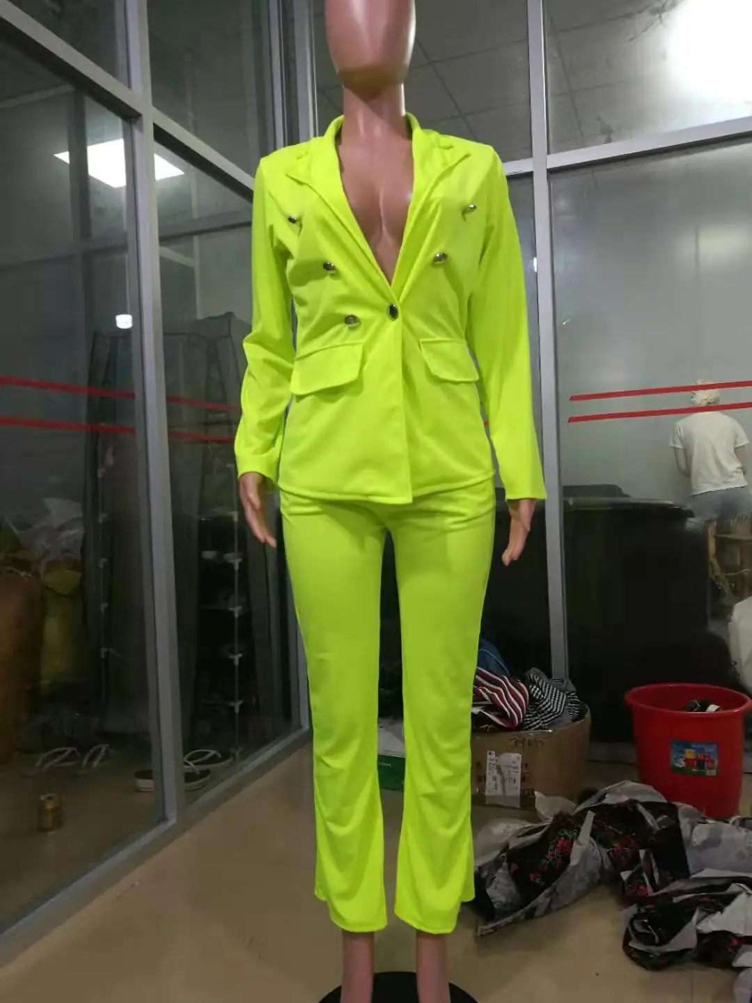 Неоновый зеленый сексуальный комплект из 2 предметов с блейзером, спортивные костюмы для женщин, зубчатый длинный рукав, пальто на одной пуговице и широкие брюки размера плюс, комплект