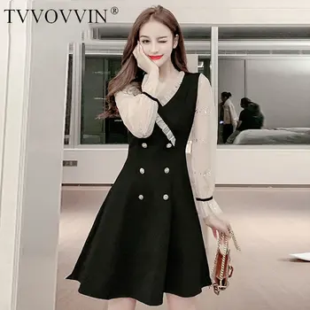 

Loose Mesh Patchwork V Neck Flare Sleeve Dresses 2020 Spring Fashion Korean Edition High Waist Slimming Dress Women Q0016