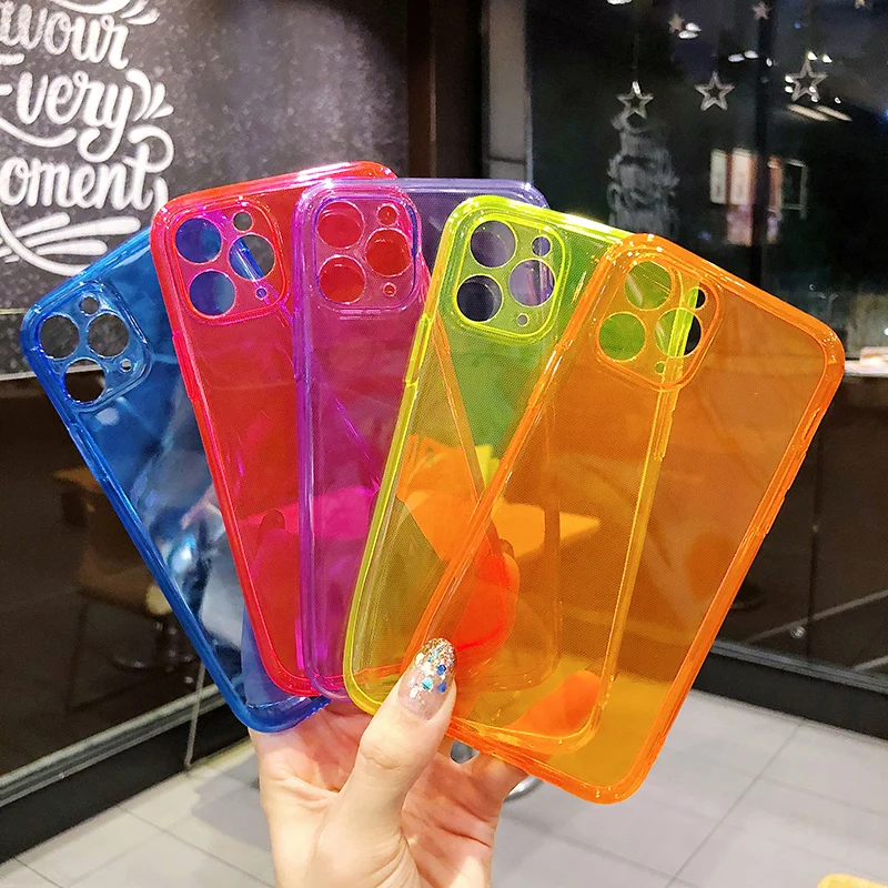Clear Fluorescent Color Phone Case for iPhone 11 Pro XR XS Max 8 7 Plus Soft TPU Bumper Cover For Iphone case SE 2020 | Мобильные