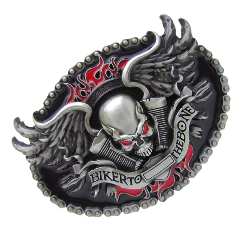 BIKER TO THE BONE Skull Head Vintage Oval Belt Buckle Western Cowboy Mens Accesories