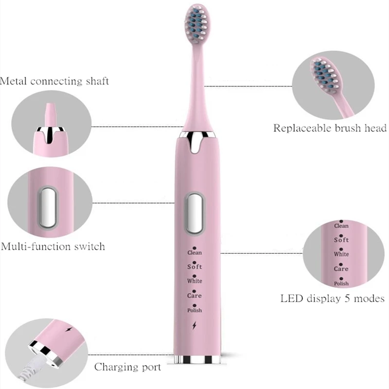 Powerful Sonic Electric Toothbrush Adult 5 Mode Washable USB Rechargeable Replacement Heads Whitening Teeth Automatic Toothbrush