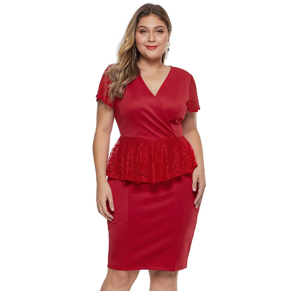 

Slim Women Dress Plus Size 5XL Elegant Lady Lace Dress Short Sleeve Sexy V Neck Knee-Length Large Sizes Dresses Summer Party