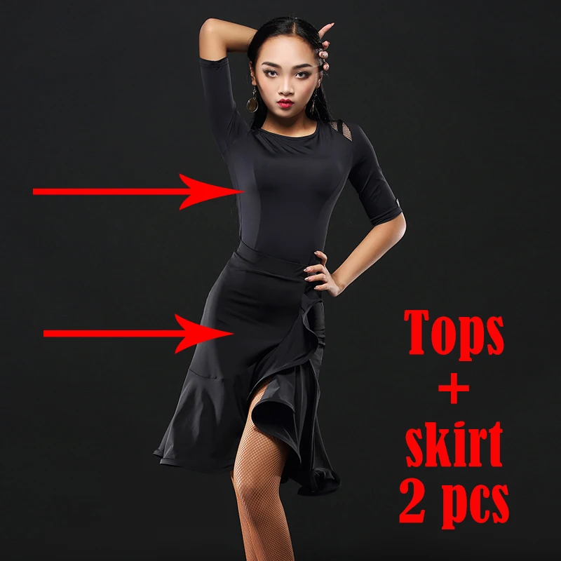 2 pieces set Ballroom Dance Latin Dresses For Women Medium Sleeve Sexy Split Danse Latine Femme Autumn Practice Costume Tops&Skirt DWY2287 - Color: 2 pieces set