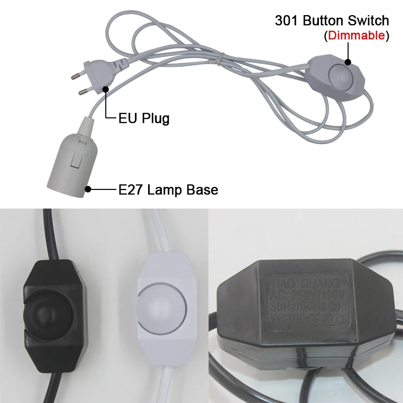 E27 Lamp Holder 303 Button Swith with White/ Black Suspension Extension Cord hanging wire for DIY Chandelier Bulb Light Lighting