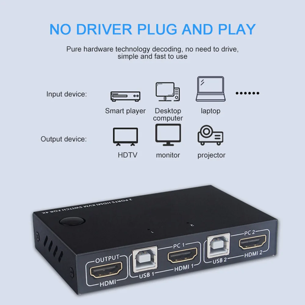 Переключатель KVM 4K с 2 портами HDMI USB сплиттер для совместного использования