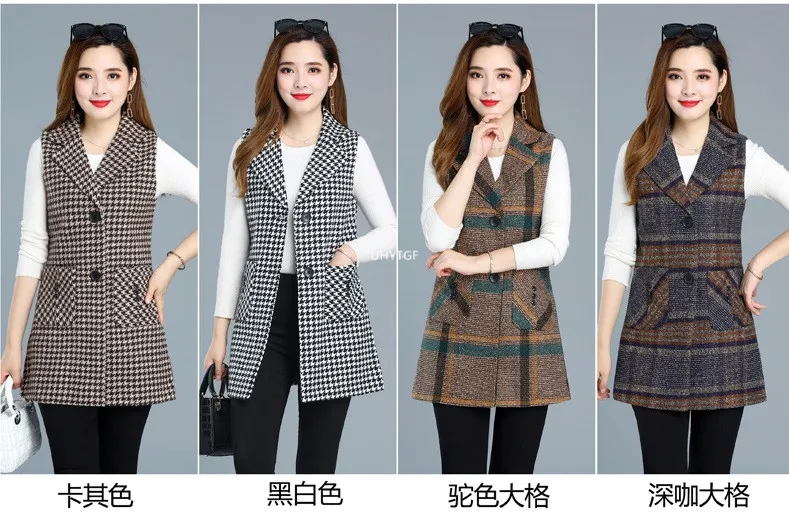 UHYTGF Sleeveless Women Jacket Single-Breasted Spring Autumn Vest Coat Fashion Plaid Casual Female 5XL Loose Size Waistcoat 1253