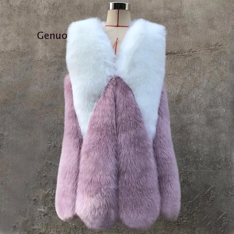 

2021 New Luxury Contrast Color Faux Fur Vest Women Winter Long White Pink Faux Fur Coat Gilet Fourrure Bontjas