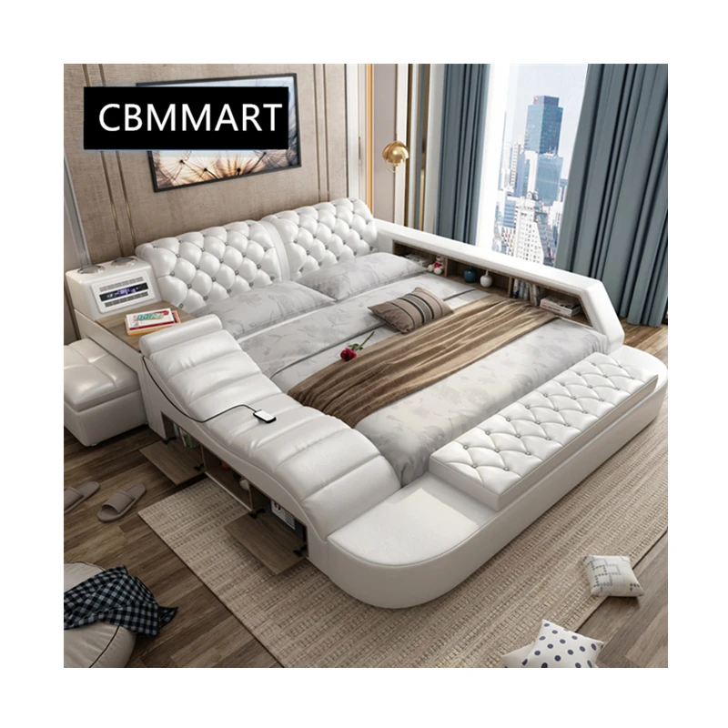 

Geunine leather bed solid wood furniture multi-functional bedroom set