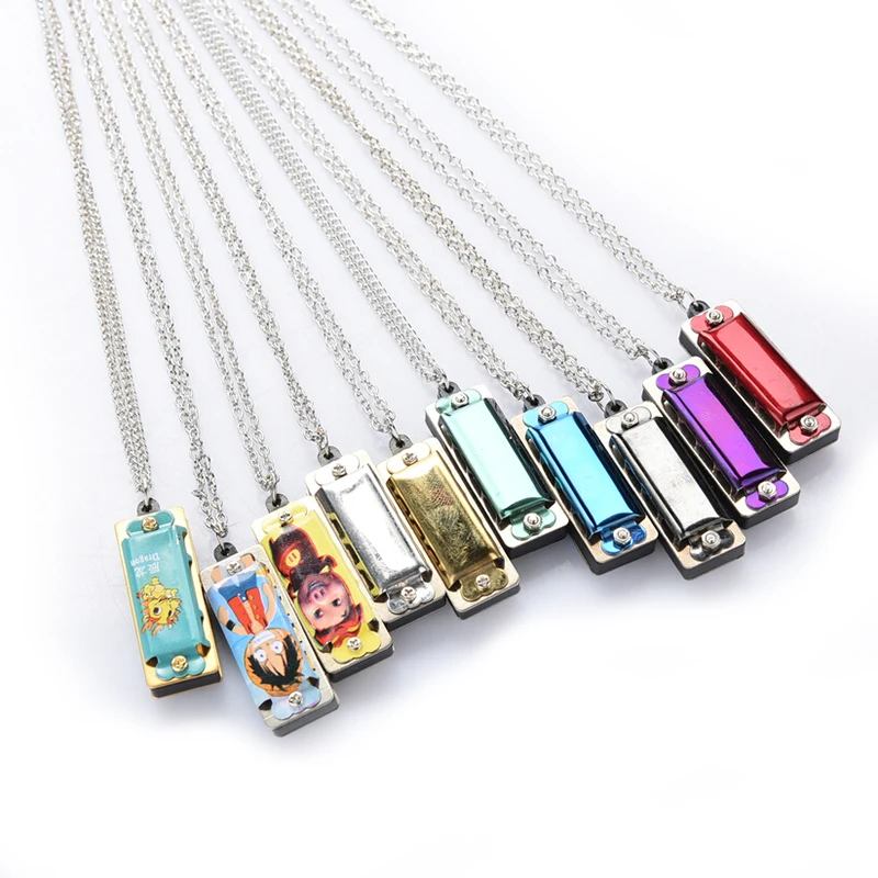 Mini 4 Hole 8 Tone Harmonica Portable instrument Decorative Metal Necklace Design Chain Toy Gift Color Random Simple piano