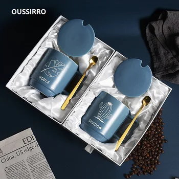 

OUSSIRRO Creative Dandelion leaves Theme Milk Coffee ceramics Mugs With Cover and Spoon Pure Color Mugs Cup Gift box