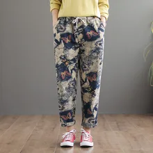 Весенне-осенние джинсы Для женщин ретро росписью бабочка свободная эластичная кулиска на талии потертые женские ботильоны-Длина джинсовые штаны-шаровары