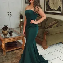 Русалка платье выпускного вечера без бретелек развертки поезд темно-зеленый атлас без рукавов платье выпускного вечера