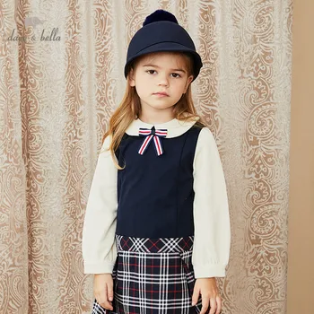 

DKH15129 dave bella winter girl's 5Y-13Y fashion bow plaid patchwork dress children sweet dress kids infant lolita clothes