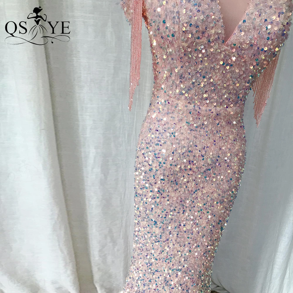 Sparkle Pink Evening Dresses Beading Side Sleeves Sequin Prom Gown Fit Glitter Party Dress Mermaid V Neck Women Formal Gown 2021 white evening dresses