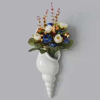 

ELEG-Modern White Ceramic Sea Shell Conch Flower Vase Wall Hanging Home Decor Living Room Background Wall Decorated Vase