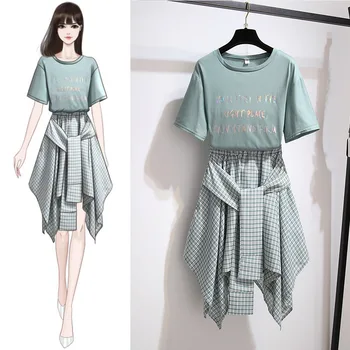 

Letter Print T-Shirt Suits Female Summer Irregular Plaid Skirt Two Piece Casual Pleated Women's Dresses