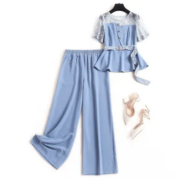 

Elegant Lady Office Pants Two Piece Outfits Summer 2020 New Fashion Women's Lace Patchwork Top and Pants Suit Matching Sets