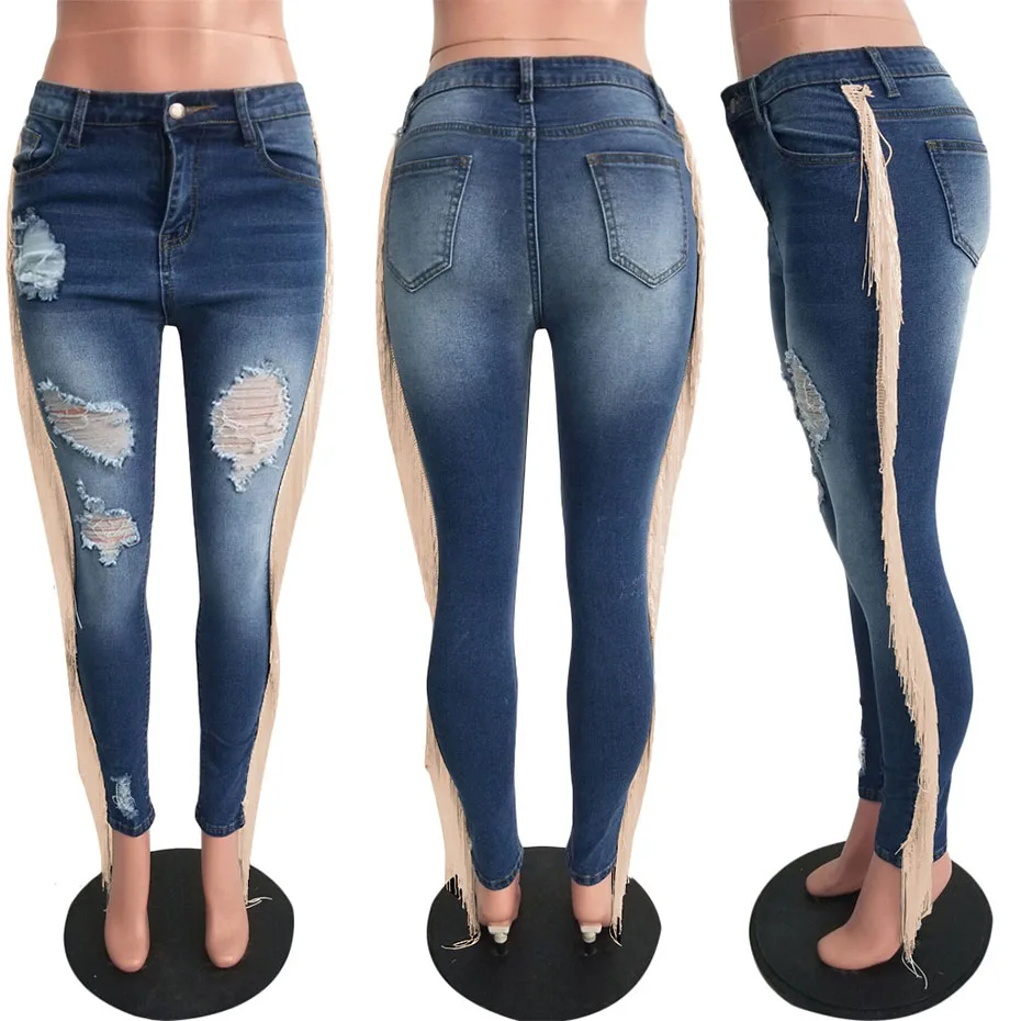 HAOYUAN плюс размер рваные джинсы c бахромой Фестивальная одежда брюки с высокой талией повседневные узкие брюки с кисточками женские уличные джинсовые брюки