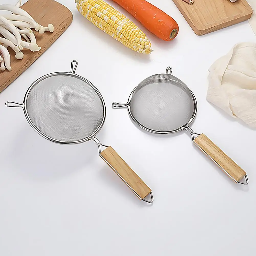 Fine Mesh Food Strainer 304 Stainless Steel Colander Sieve with Wooden Handle for Fry Juice Rice Vegetable Fruit Soy-milk