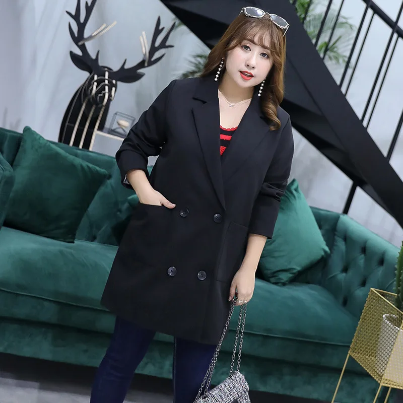 4XL Plus size Fashion Black Women Blazer Coats Pocket Jackets Double-breasted Outwear Autumn Suits Coat Large Size Blazers Tops