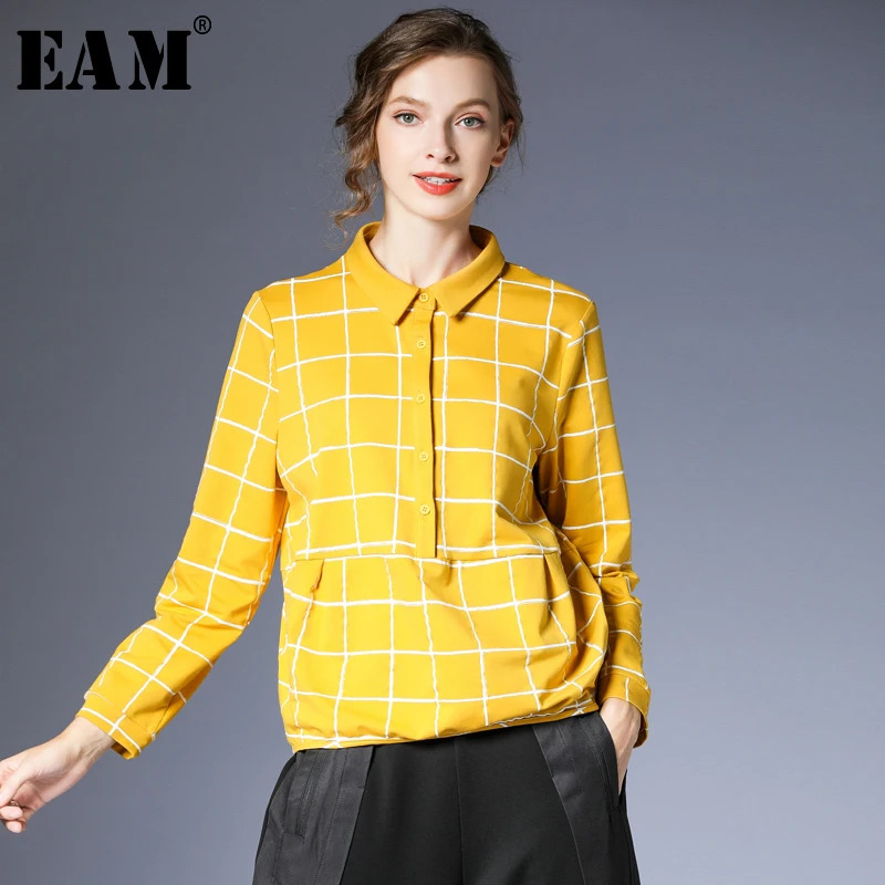 

[EAM] Women Plaid Loose Fit Mixed Color Blouse New Lapel Long Sleeve Loose Fit Shirt Fashion Tide Spring Autumn 2019 1B189