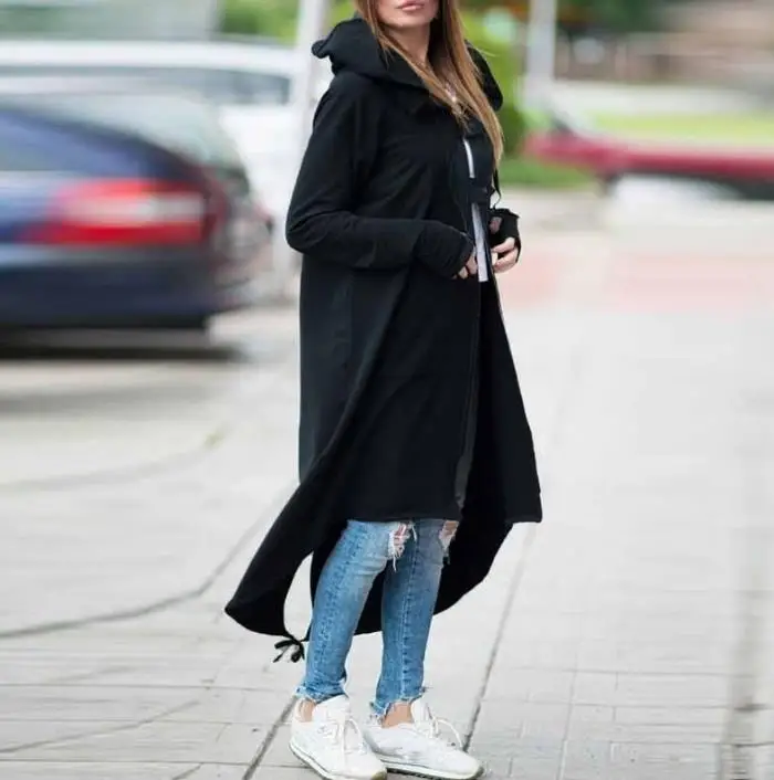  Hooded Long Sleeve Zipper Drawstring Casual Irregular Coat Casual Solid Long Jacket 2019 Women Swea