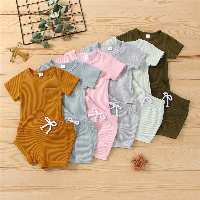 Newborn Summer Cotton Sets Toddler Kids Baby Boy Girls Solid Ribbed Knitted Short Sleeve T-shirts Shorts Pants Clothes Outfits baby clothes mini set