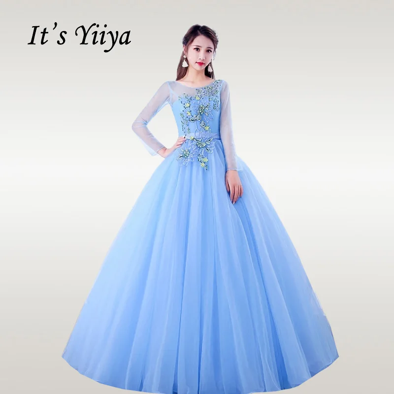 

It's YiiYa Wedding Dress Elegant Embroidery Long Sleeve Blue Wedding Dresses Plus Size O-neck Floor Length Robe De Mariee CH088