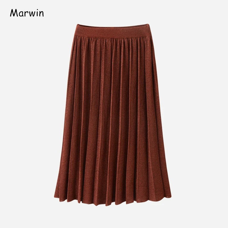 

Marwin 2020 New-Coming Winter Solid Pleated Knitted Skirt A-Line Mid-Calf Empire High Street Style Women Winter Skirt