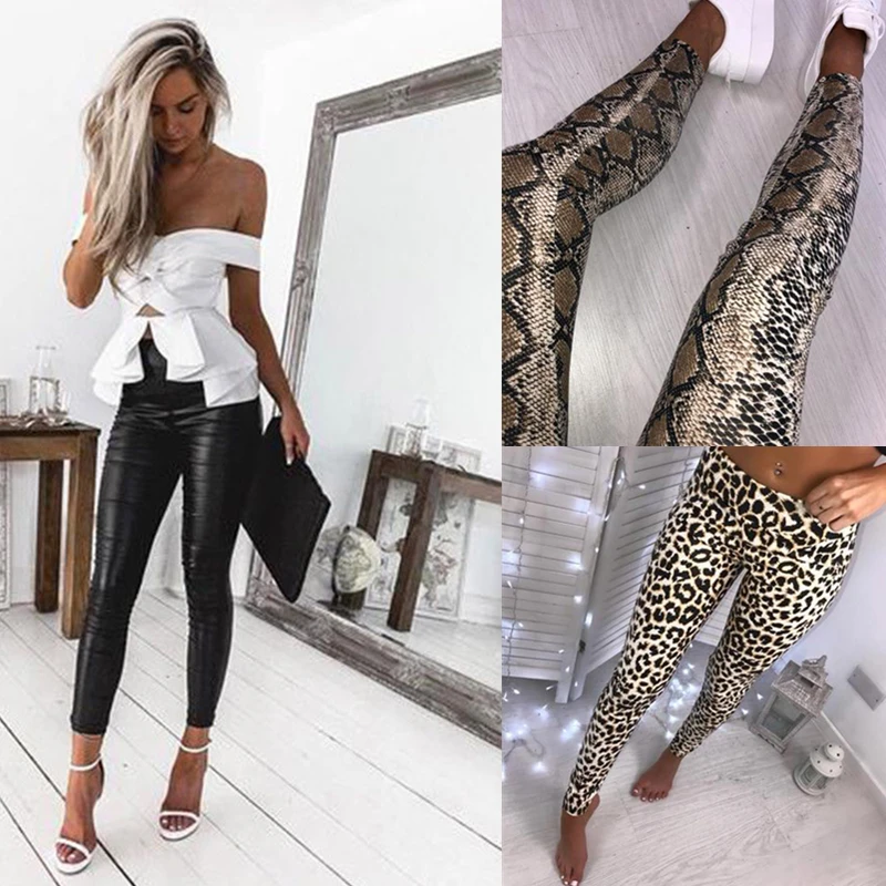 

Leather Leggings and Casual Polyester Leopard Snake Print Leggings Pants Women High Waist Stretch Slim Pencil Pants