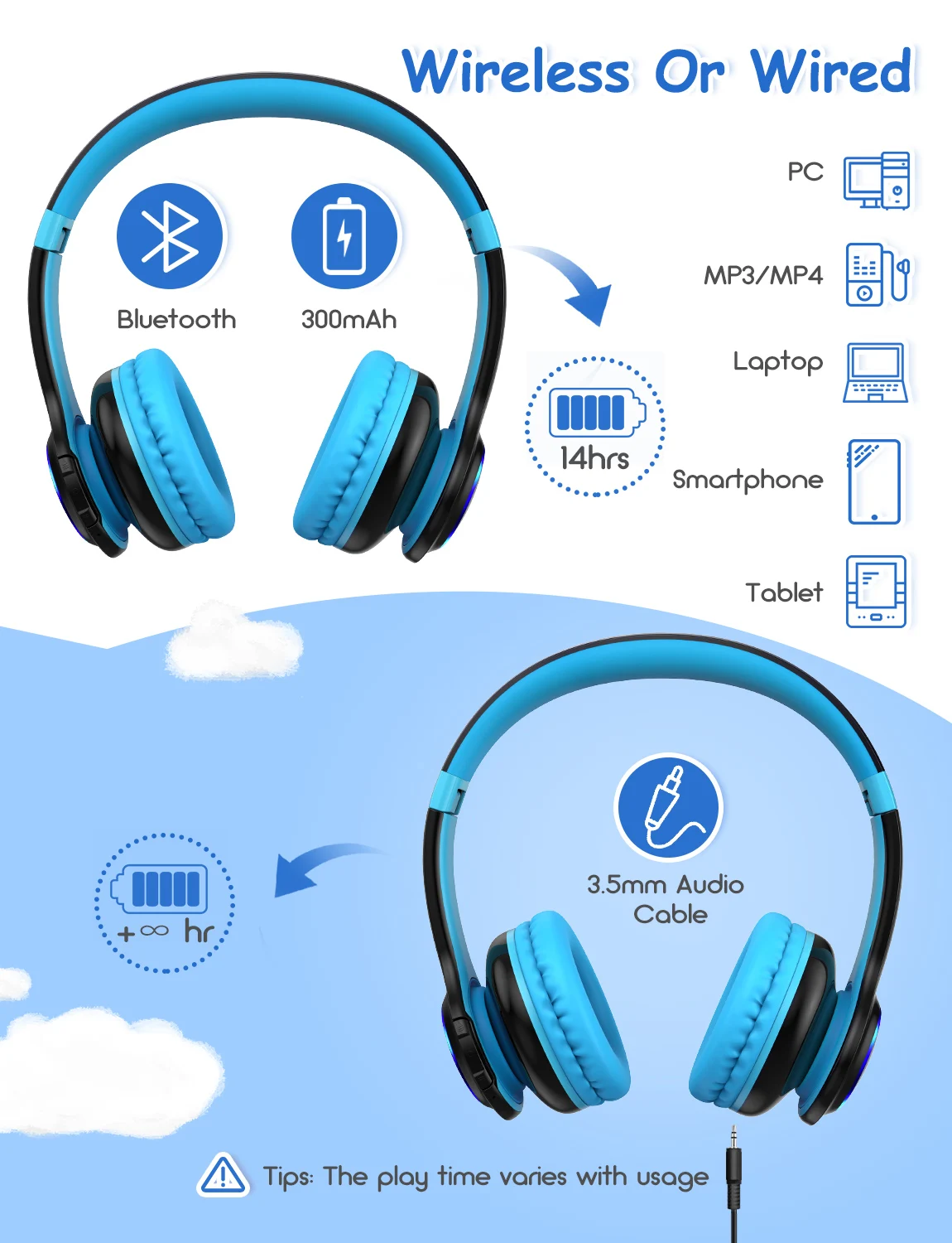 Беспроводные/Проводные детские наушники Mpow CH9 Bluetooth 5 0 Время проигрывания 15 часов